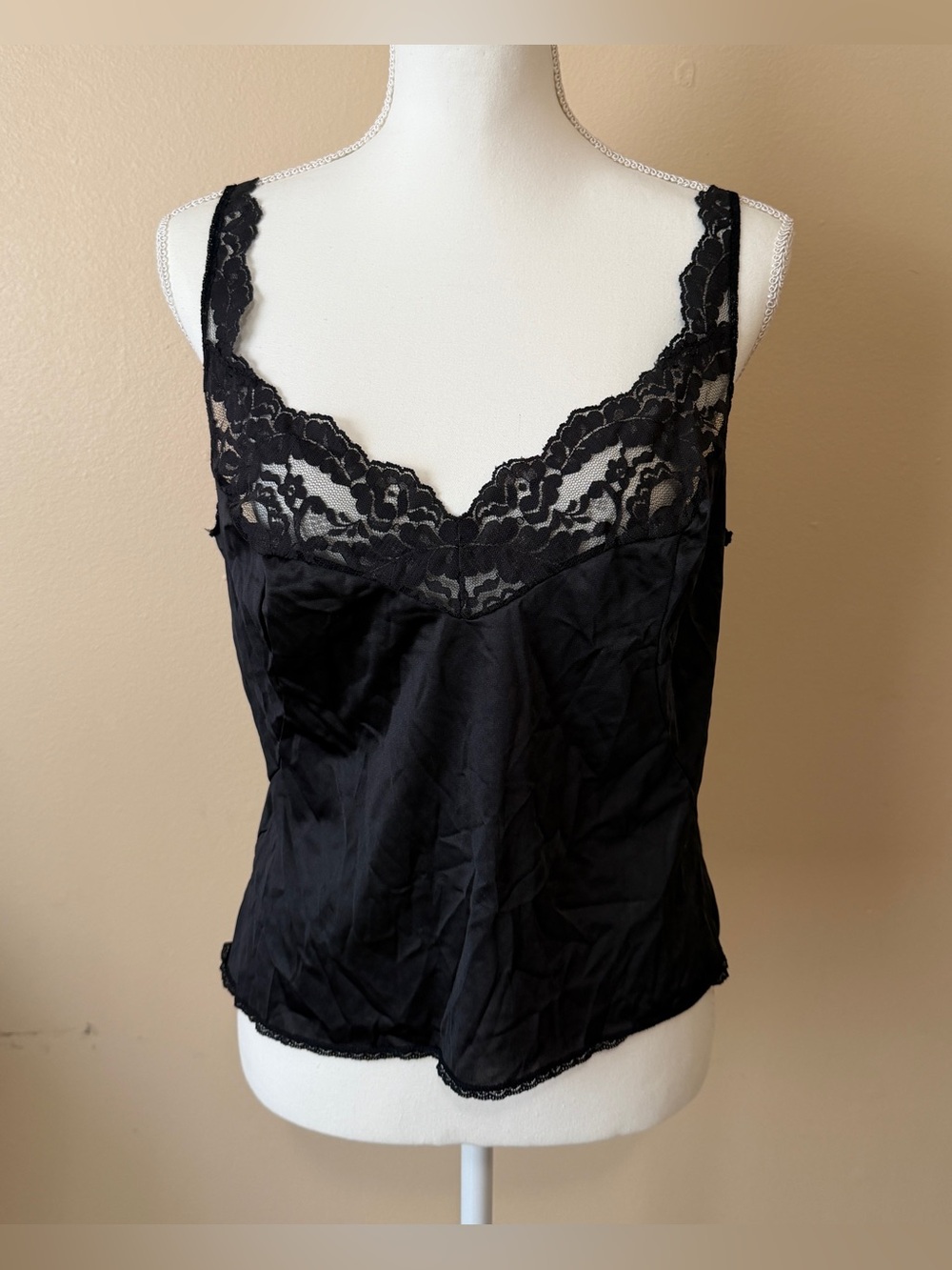 VTG Vassarette Black Nylon Lace Camisole XL Made in USA 80s Goth Coquette